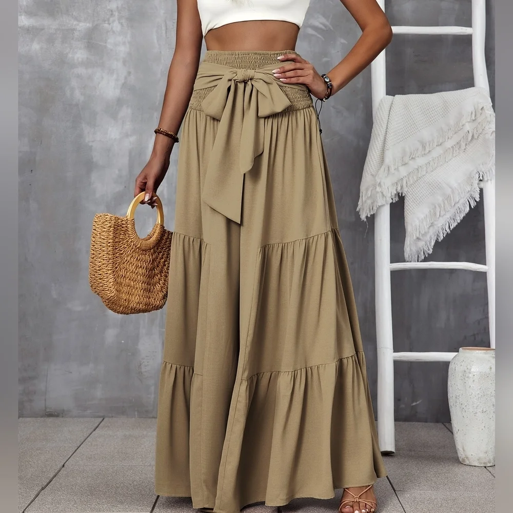 COPY - Shirred Waist Tie Front Ruffle Hem Wide Leg Pants - Picture 2 of 3
